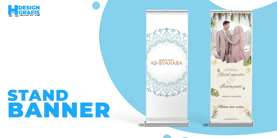 Desain stand banner pernikahan dengan desain unik dan minimalis dengan tema bunga dan ornamen. Desain stand banner untuk undangan pernikahan dengan model dan konsep simple.