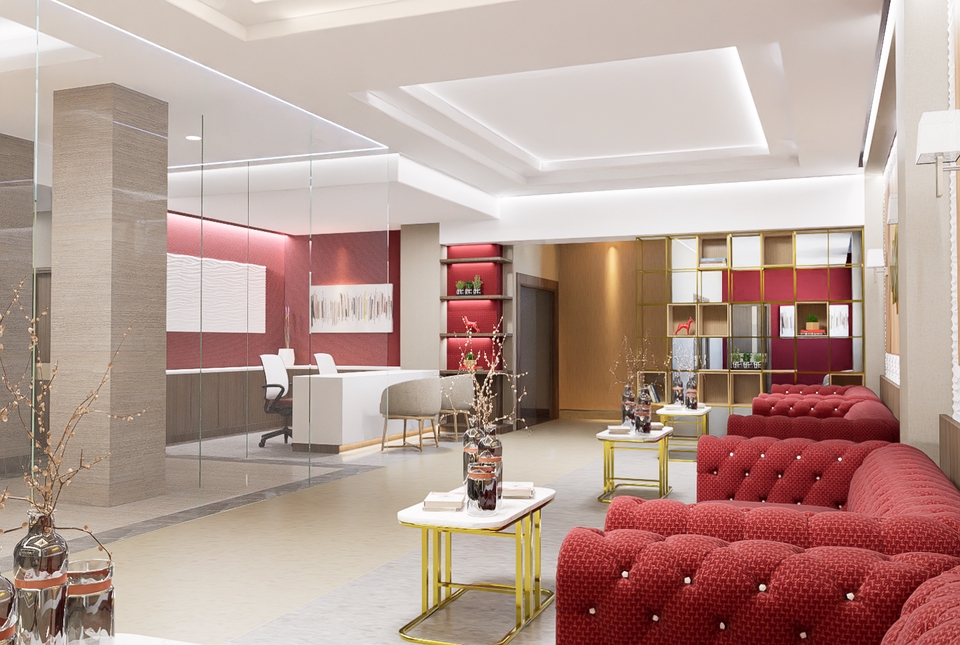 Desain Interior Cafe Minimalis Modern dengan Sofa Merah dan Meja Kayu - Jasa Desain Interior Cafe