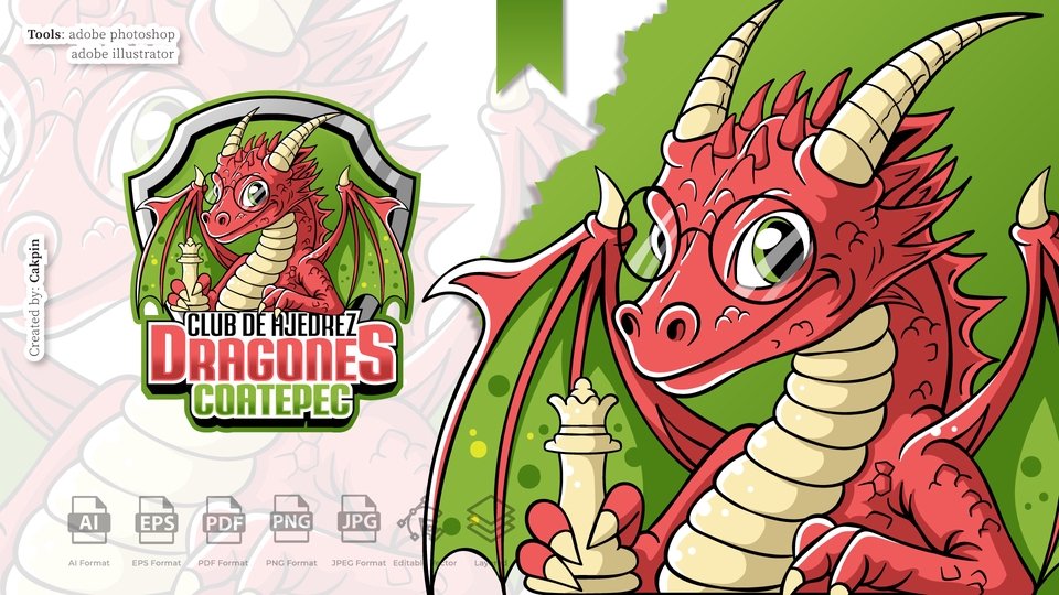 Logo untuk klub catur dengan desain naga merah yang sedang bermain catur. Cocok untuk jasa desain logo online.