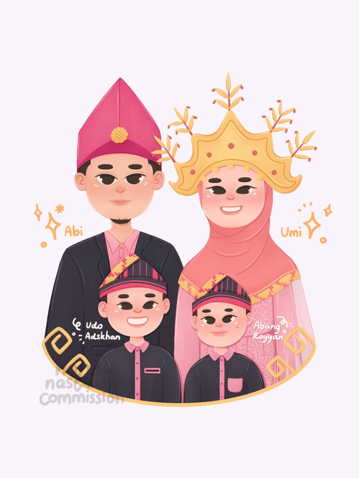 Ilustrasi keluarga muslim dengan tema pernikahan, menggunakan baju adat, cocok untuk desain undangan pernikahan, jasa ilustrasi digital, gambar kartun, sketsa karakter.