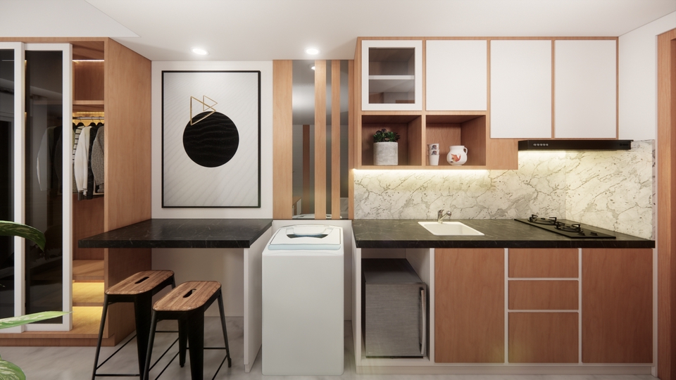 Jasa desain interior minimalis untuk apartemen studio dengan desain dapur modern.