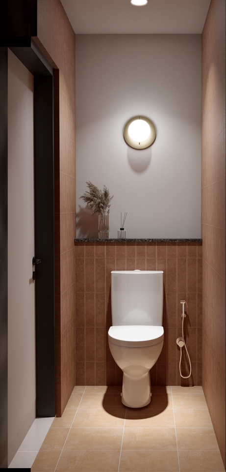 Desain interior kamar mandi minimalis dengan toilet duduk putih dan lantai keramik cokelat.