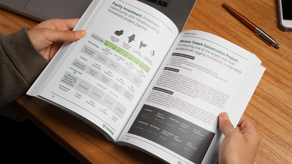 Desain brosur perusahaan investasi; proyek konservasi Muara Tewah; jasa desain brosur profesional.