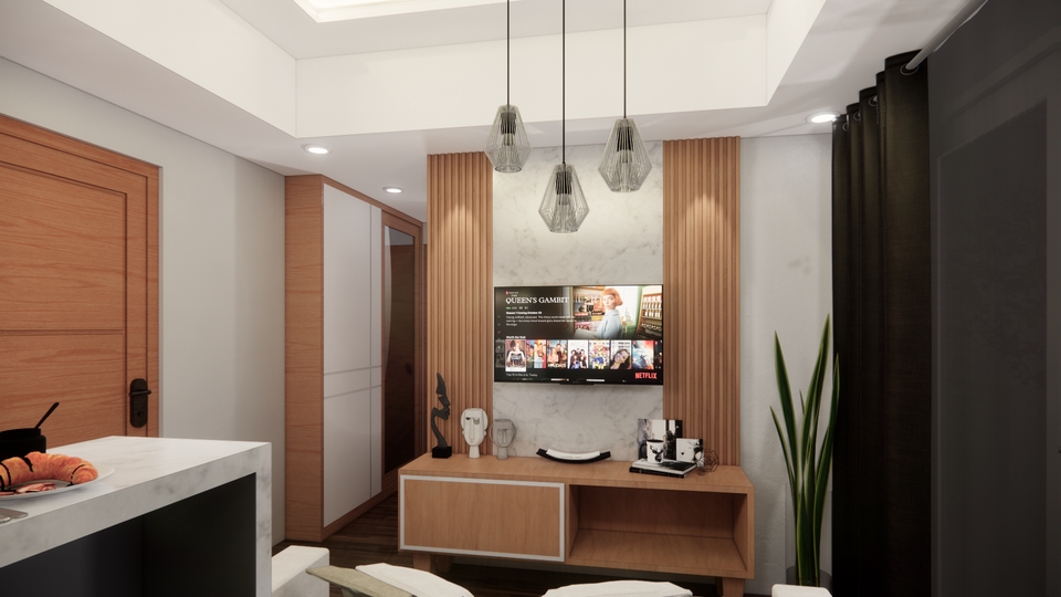 Desain interior ruang tamu modern dengan televisi dan kursi minimalis
