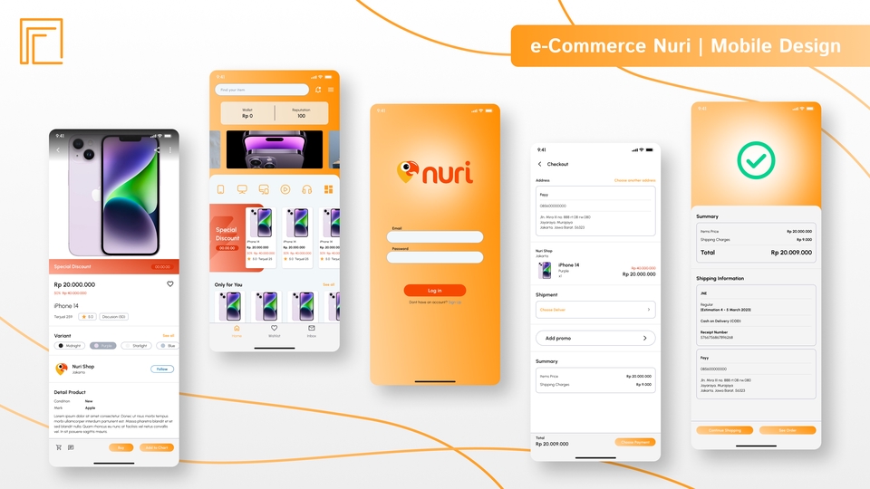 Desain aplikasi mobile e-commerce dengan desain UI UX modern dan responsif untuk perangkat seluler.