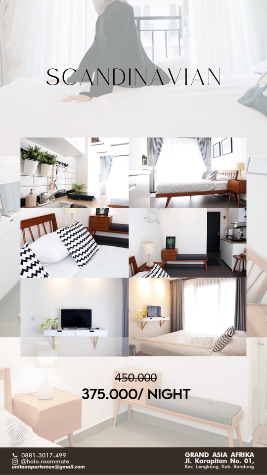 Desain infografis kamar hotel di Bandung dengan harga mulai dari 375.000 per malam.