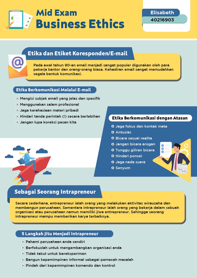 Infografis tentang Etika Bisnis dan menjadi seorang Intrapreneur dengan contoh etika berkomunikasi melalui email dan dengan atasan. Buat infografis yang menarik dengan desain yang profesional. Infografis juga menampilkan 5 langkah jitu untuk menjadi intrapreneur. Jasa desain infografis murah.