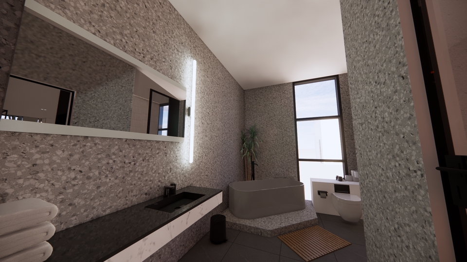 Desain Interior Kamar Mandi Minimalis dengan Jendela Besar dan Lampu Modern.