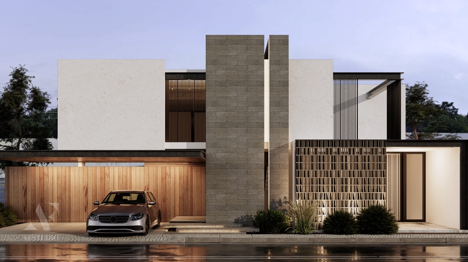 Desain rumah minimalis modern dengan taman kecil di depan. Jasa desain arsitektur freelance.