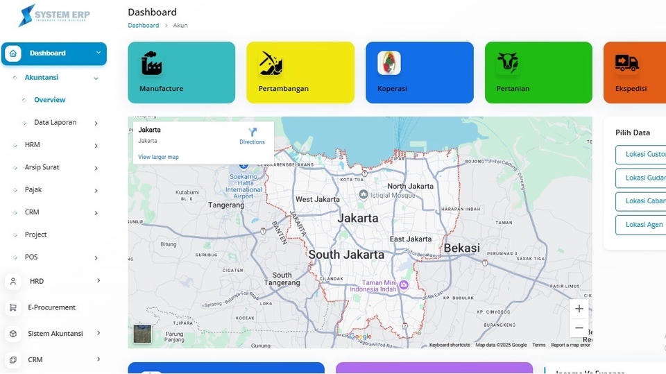 Jasa pembuatan website perusahaan, dashboard sistem ERP, peta lokasi Jakarta.