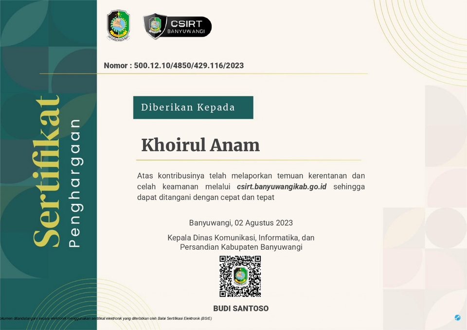 Sertifikat penghargaan untuk jasa IT support di Banyuwangi.