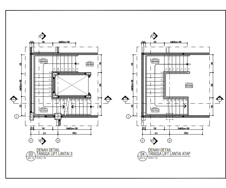 Jasa drafter autocad arsitek interior murah untuk pembuatan denah tangga lift lantai 3 dan atap bangunan.
