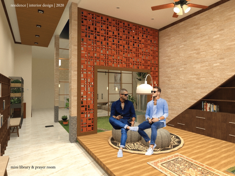 Jasa drafter interior desain rumah modern minimalis dengan konsep ruang tamu dan mini library.