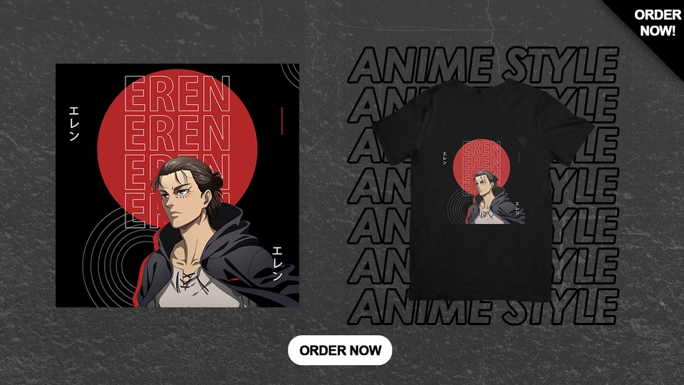 Desain kaos distro custom dengan gambar karakter anime Eren Yeager dari Attack on Titan.
