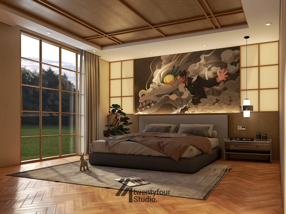 Jasa desain interior 3d untuk desain kamar tidur minimalis dengan tema anime dan dragon ball.