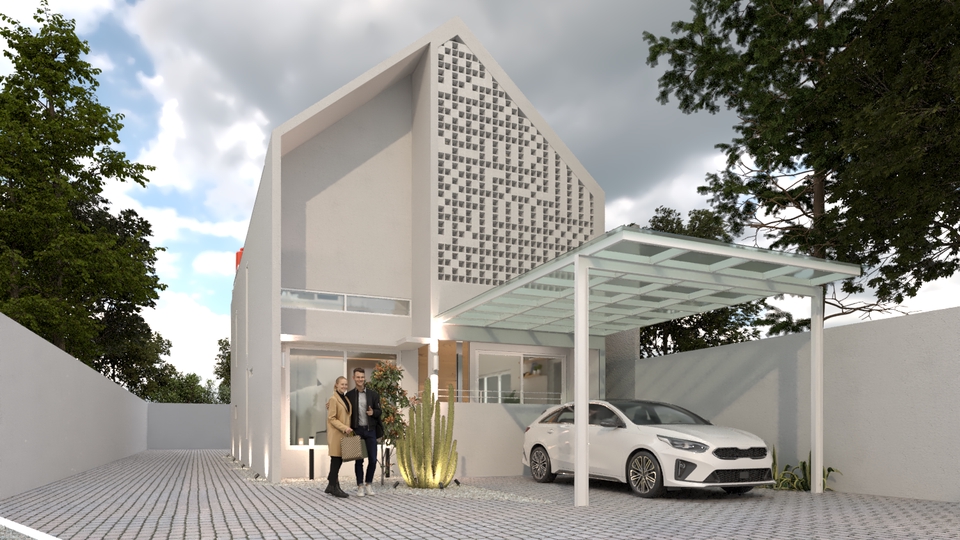 Desain Eksterior Rumah Minimalis Modern dengan Canopy Kaca, Jasa Desain 3D