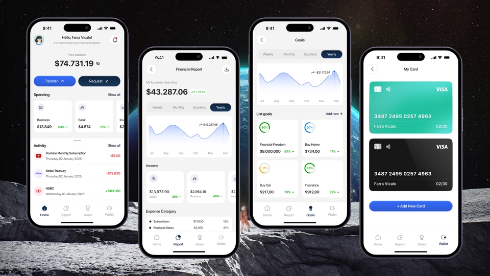 Desain aplikasi mobile ui ux untuk layanan keuangan dan kartu pembayaran.