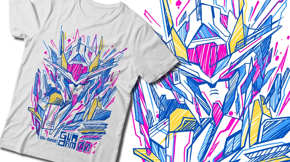 Desain kaos distro keren dengan gambar gundam bertema robot futuristik