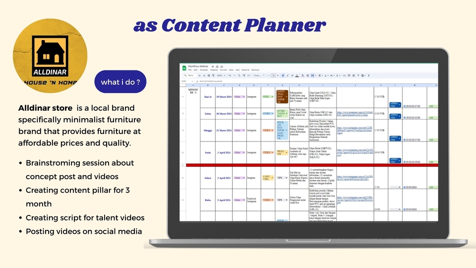 Jasa digital marketing untuk toko furniture minimalis dengan strategi konten planning di media sosial dan iklan Google Shopping.
