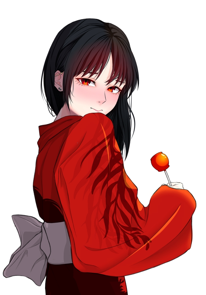 Jasa ilustrasi digital wanita berambut hitam dengan rambut terurai dengan rok merah dan memegang permen lolipop