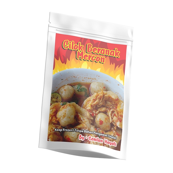 Jasa desain kemasan makanan unik cilok beranak mercon dengan label produk makanan