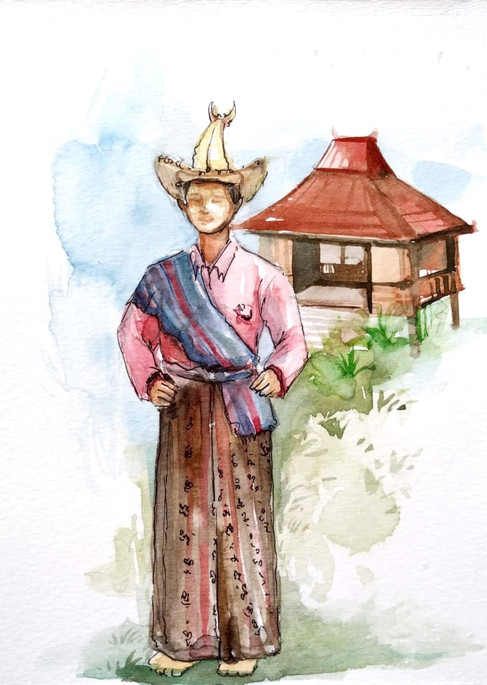 Ilustrasi pria berbaju adat dengan latar belakang rumah dan tanaman hijau. jasa ilustrasi desain gambar kartun jasa pembuatan vector gambar ilustrasi orang jasa gambar ilustrasi manusia jasa desain ilustrasi karakter jasa ilustrator ilustrasi orang indonesia