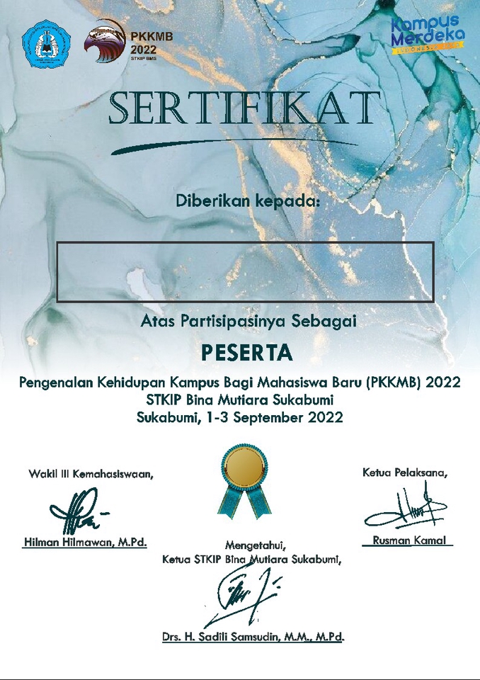 Sertifikat peserta pengenalan kehidupan kampus bagi mahasiswa baru STKIP Bina Mutiara Sukabumi 2022