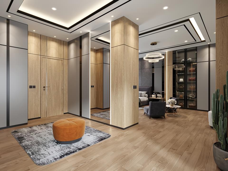 Desain lemari pakaian minimalis dengan pintu kayu dan rak terbuka untuk ruang penyimpanan di rumah.