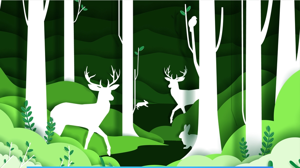 Ilustrasi hewan rusa dan kelinci di hutan hijau, cocok untuk keperluan desain grafis dan konten media sosial.