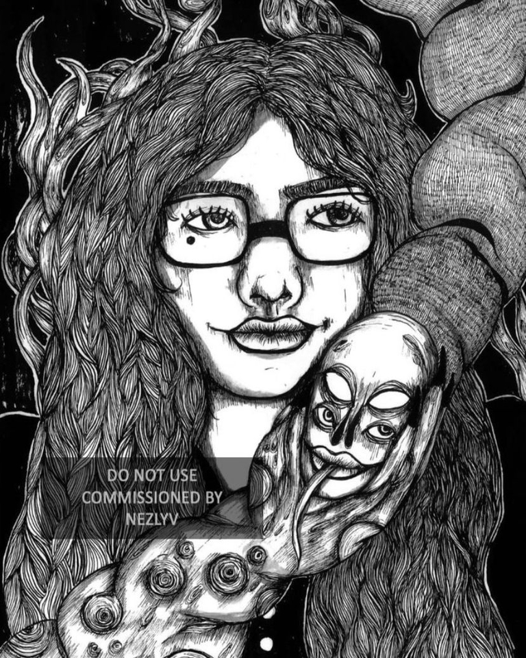 Ilustrasi wanita dengan rambut panjang dan memegang gambar sketsa wajah manusia, desain gambar dengan detail sketsa yang rumit untuk keperluan pribadi atau komersial.
