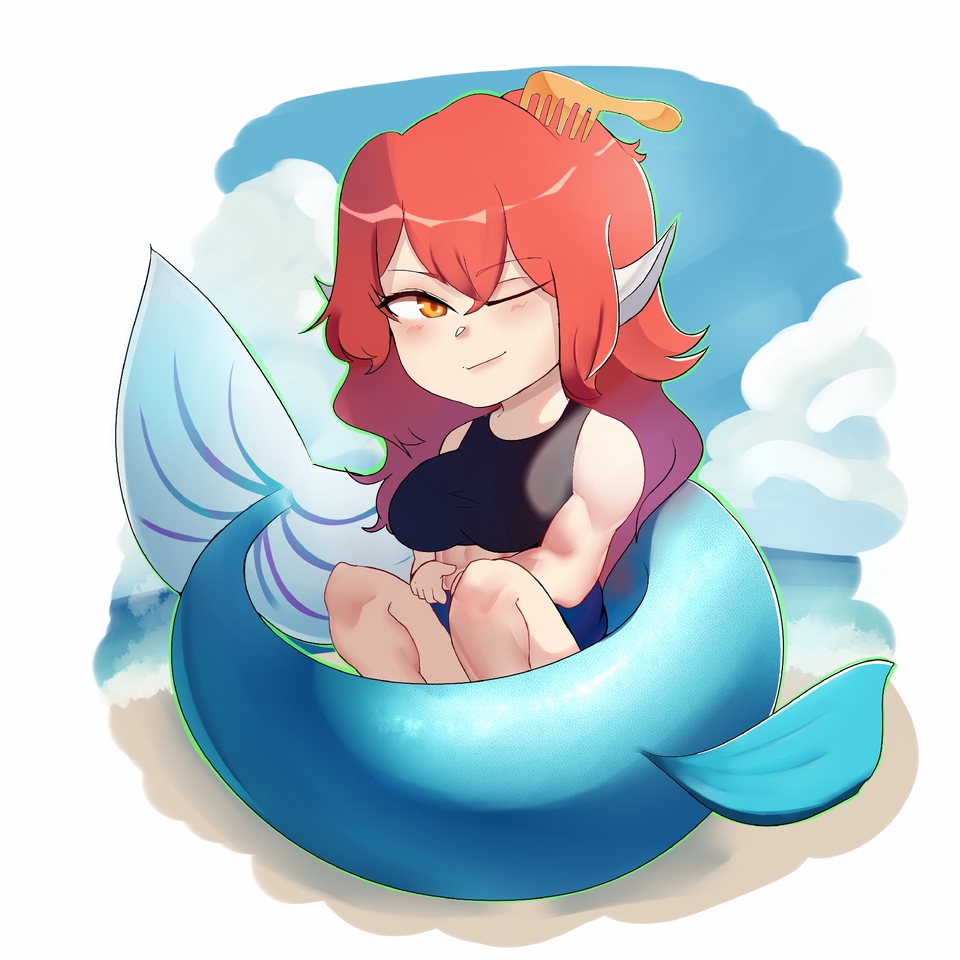 ออกแบบตัวละครหญิงผมแดงสไตล์ญี่ปุ่น ใส่ชุดว่ายน้ำ กำลังนั่งอยู่ในยางลอยรูปปลา