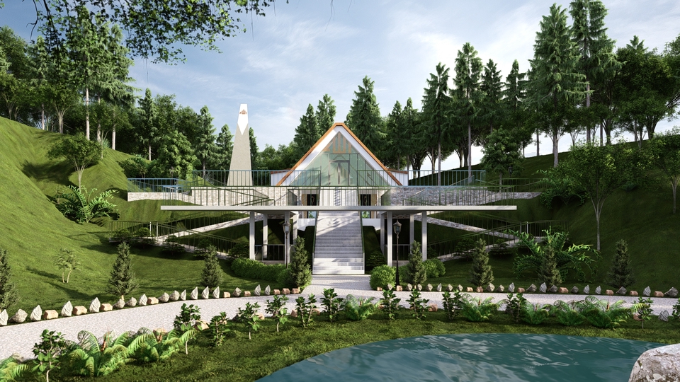 Jasa desain exterior 3D untuk rumah minimalis dengan taman hijau dan kolam renang