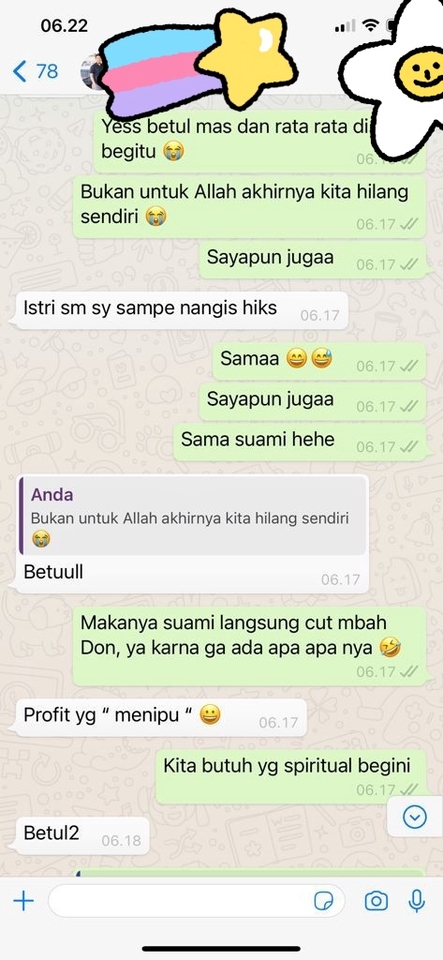 Whatsapp chat screenshot menunjukkan diskusi tentang pengembangan diri dan spiritualitas, termasuk kata kunci seperti: "jasa pengembangan diri", "self development", "spiritualitas", "konsultasi spiritual".