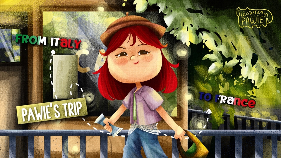 Ilustrasi kartun wanita memegang tas dan menuju ke Prancis dari Italia.