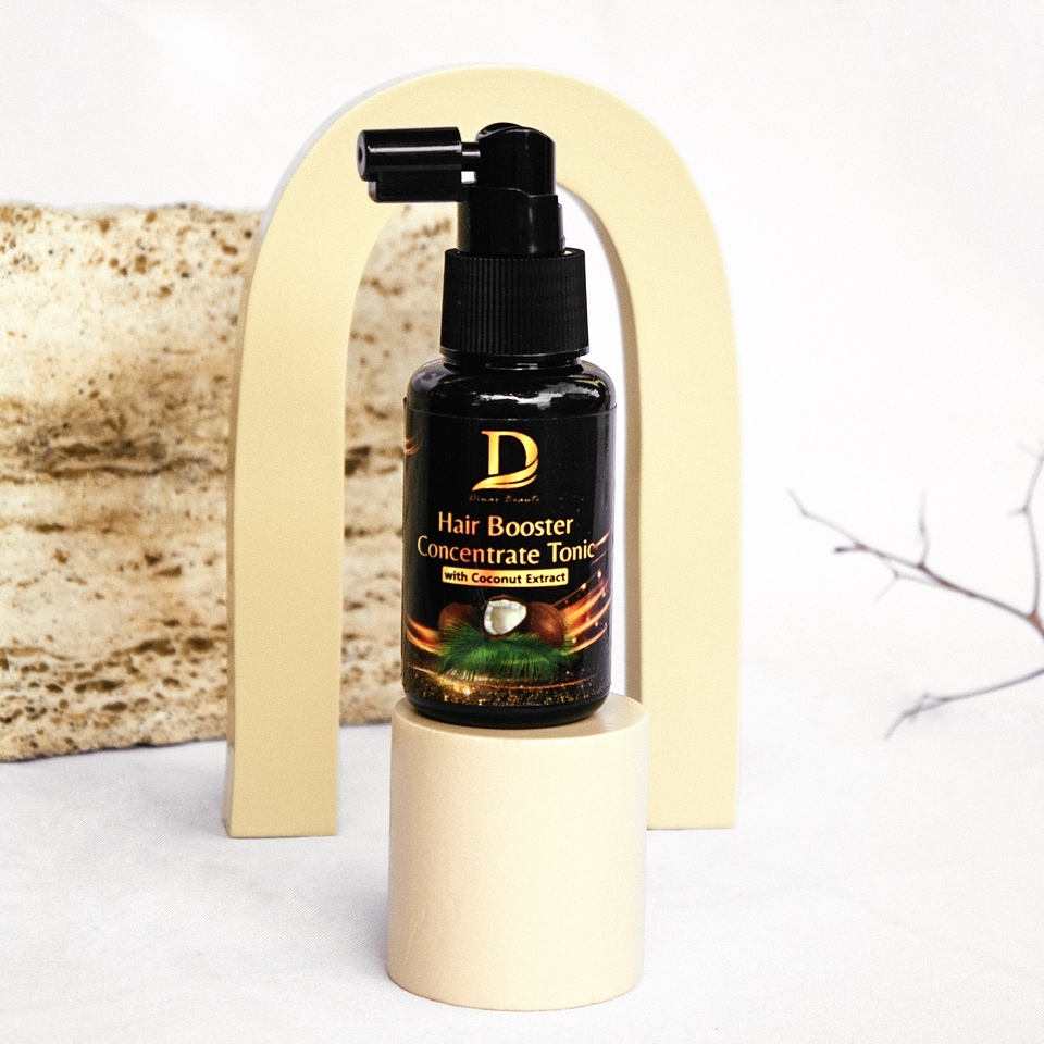 Jasa foto produk kosmetik dengan background putih, produk hair booster concentrate tonic dengan ekstrak kelapa, layanan fotografi produk untuk bisnis Anda.