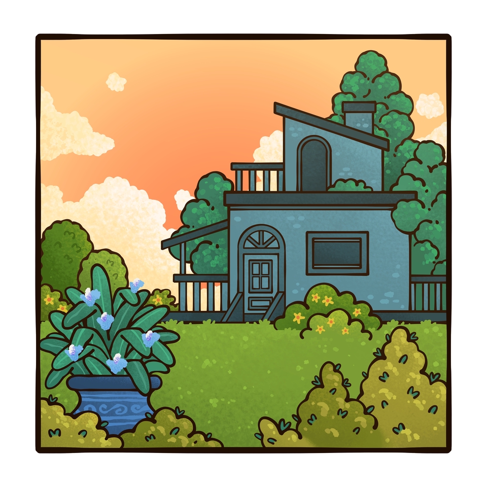 Ilustrasi rumah minimalis dengan taman di depan, gambar kartun untuk kebutuhan desain web, ilustrasi, desain interior, desain rumah, dan lain lain.