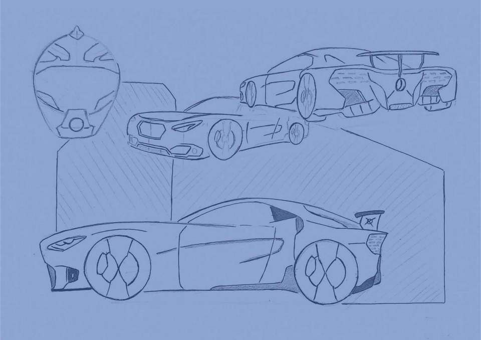 Ilustrasi sketsa desain mobil sport dengan warna biru muda