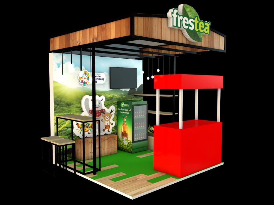 Desain booth pameran minimalis dengan tema minuman Frestea untuk jasa desain 3D