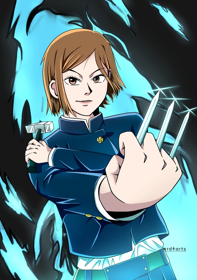 Jasa ilustrasi karakter anime wanita dengan pedang dan palu