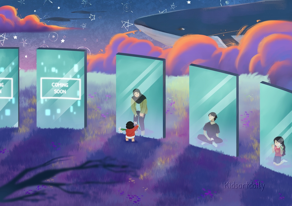 Ilustrasi digital dengan tema ruang angkasa menampilkan karakter dalam berbagai bingkai, gambar ilustrasi ruang angkasa dengan tema futuristik.