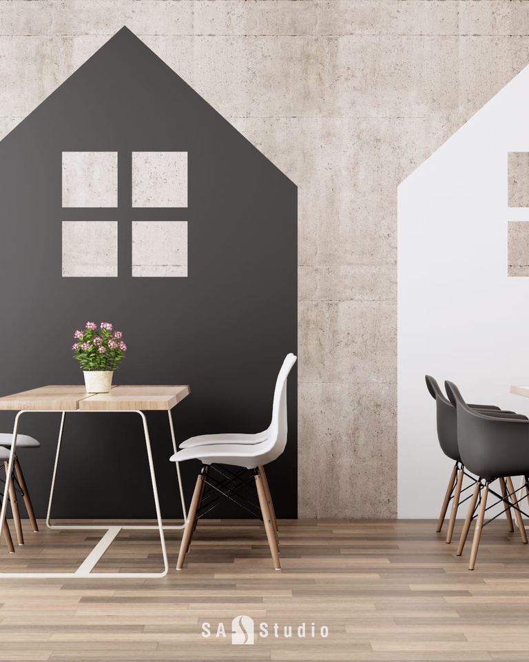 Jasa desain interior cafe minimalis dengan meja makan dan kursi putih
