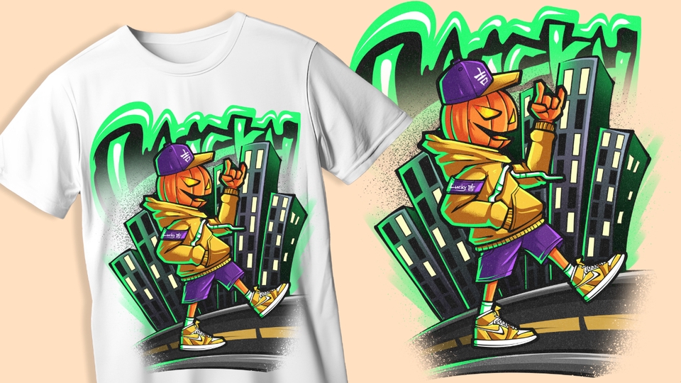 Ilustrasi kartun karakter buah labu dengan topi dan kacamata sedang jalan di kota