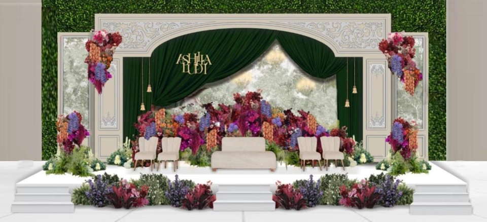 Jasa desain ilustrasi pernikahan dengan latar belakang hijau dan dekorasi bunga.