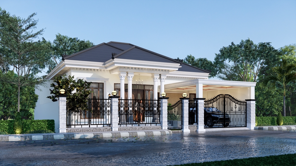 Jasa desain eksterior 3d rumah minimalis modern dengan carport dan taman