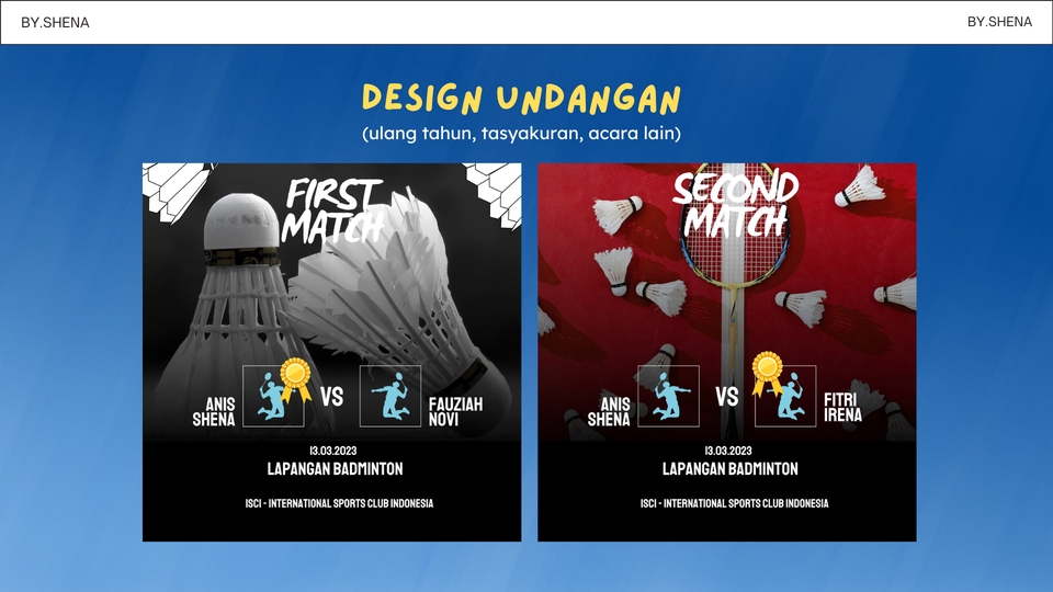 Jasa desain undangan ulang tahun badminton dengan tema first match dan second match
