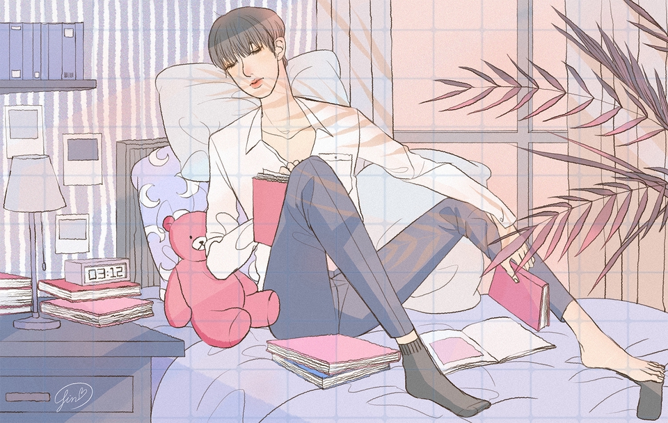 รับวาดภาพเหมือนการ์ตูน ภาพวาดภาพเหมือนชายหนุ่มกำลังอ่านหนังสือ