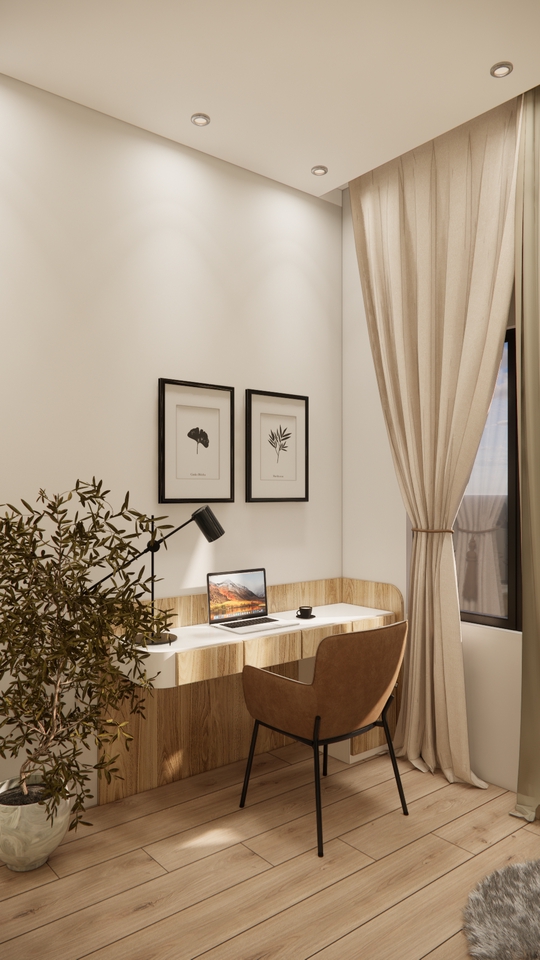 Desain Interior Ruangan Kerja Minimalis dengan Dekorasi Tanaman 3D