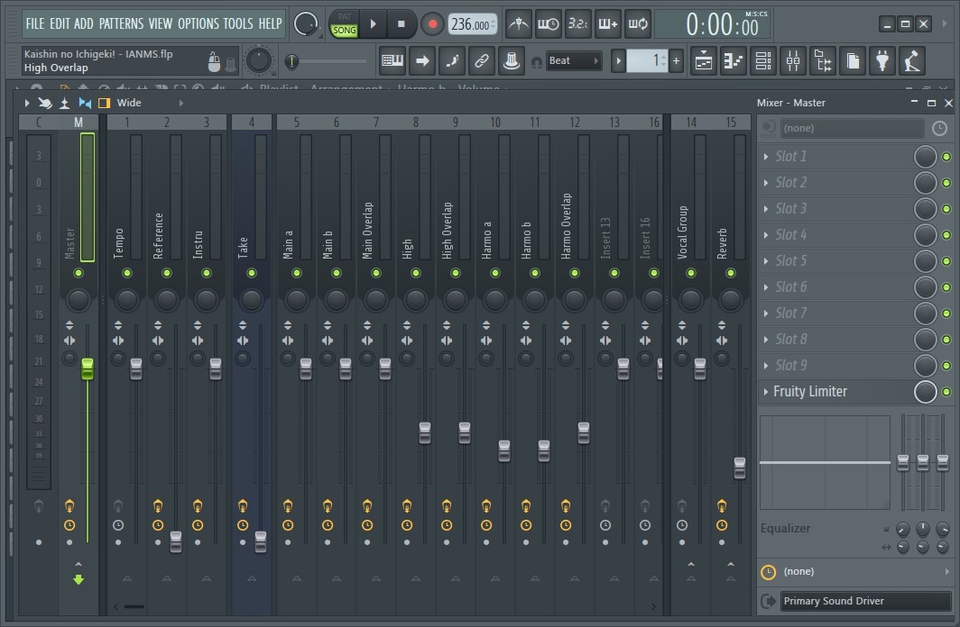 Jasa Mixing Mastering Lagu - Audio editing di FL Studio dengan banyak channel dan fader mixer.