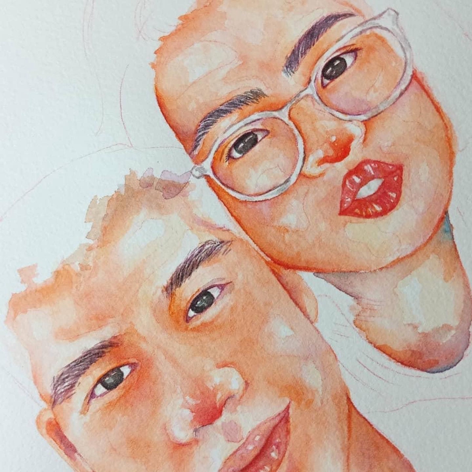 ภาพประกอบพอร์ตเทรตคู่ชายหญิง สไตล์วาดมือ สีน้ำ เหมาะสำหรับใช้ประกอบโปรไฟล์ รับออกแบบโลโก้ บริการออกแบบ สร้างแบรนด์