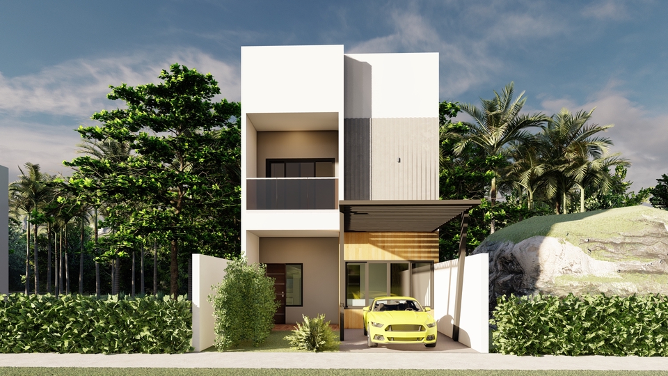 Desain rumah minimalis dengan taman hijau dan mobil kuning